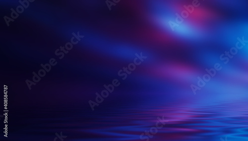 Dark abstract background. Neon multicolored light reflects on the water. Beach party, light show. Blurry lights glisten on the surface. 3d illustration