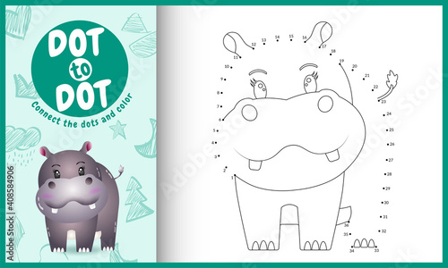 Connect the dots kids game and coloring page with a cute hippo character illustration photo