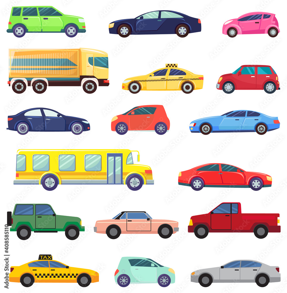 Vehicles vector, isolated set of transportation. School bus public transportation and taxi service. Electric car eco-friendly mini-van retro connection illustration in flat style design for web, print