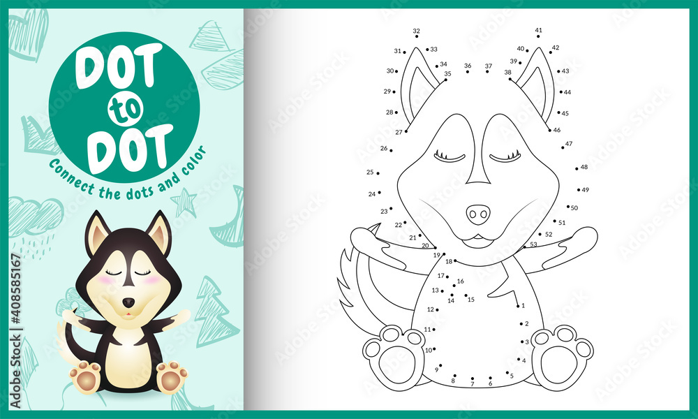 Connect the dots kids game and coloring page with a cute husky dog character illustration