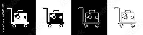 Set Hotel luggage cart with suitcase icon isolated on black and white background. Traveling baggage sign. Travel luggage icon. Vector.