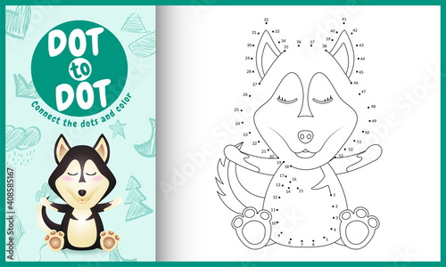 Connect the dots kids game and coloring page with a cute husky dog character illustration