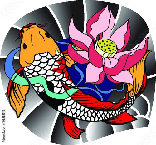 Japanese koi carp coloring book and traditional tattoo.Japanese tattoo design full back body.The Old Dragon and koi carp fish with water splash and peony flower,cherry blossom,peach blossom