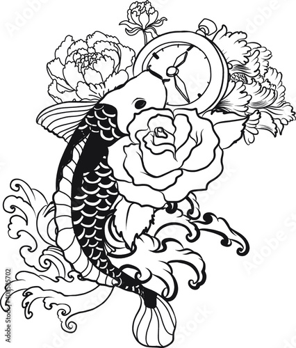 Japanese koi carp coloring book and traditional tattoo.Japanese tattoo design full back body.The Old Dragon and koi carp fish with water splash and peony flower,cherry blossom,peach blossom