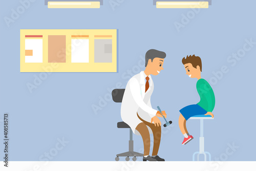 Doctor doing a physical examination of the patient. Neurologist examining boy for diagnosis in hospital room. Male medic with neurological hammer checks the reflexes of the child sitting on the chair