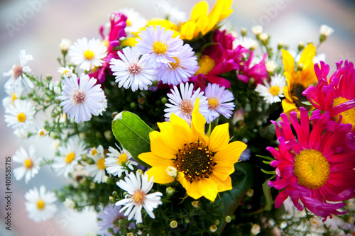 .fresh  variegated bright  multi-colored bouquet of wild and garden flowers.