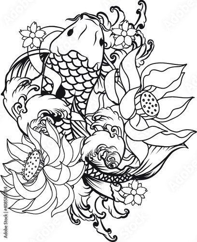 Japanese koi carp coloring book and traditional tattoo.Japanese tattoo design full back body.The Old Dragon and koi carp fish with water splash and peony flower,cherry blossom,peach blossom
