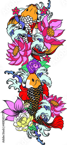 Japanese koi carp coloring book and traditional tattoo.Japanese tattoo design full back body.The Old Dragon and koi carp fish with water splash and peony flower,cherry blossom,peach blossom