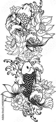 Japanese koi carp coloring book and traditional tattoo.Japanese tattoo design full back body.The Old Dragon and koi carp fish with water splash and peony flower,cherry blossom,peach blossom
