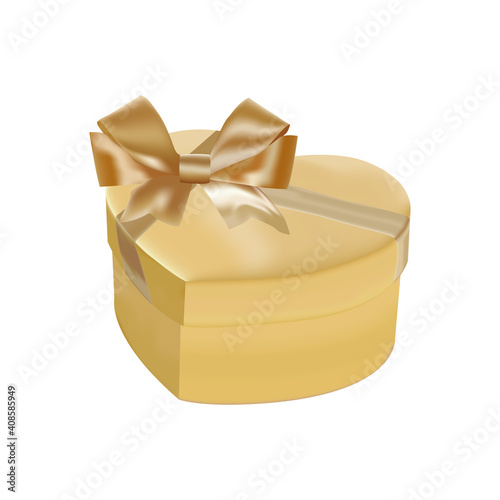 Box having the form of heart and decorated with tape and bow. Gold box for a gift for a wedding, Valentine's Day, for the holiday. Vector image. © Vladimir Ya