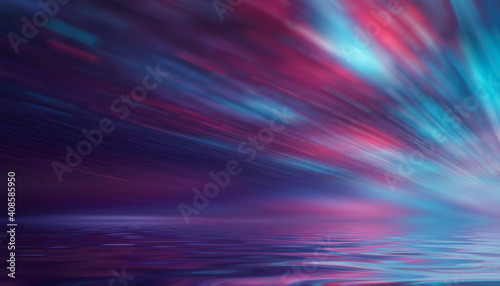 Dark abstract background. Neon multicolored light reflects on the water. Beach party, light show. Blurry lights glisten on the surface. 3d illustration