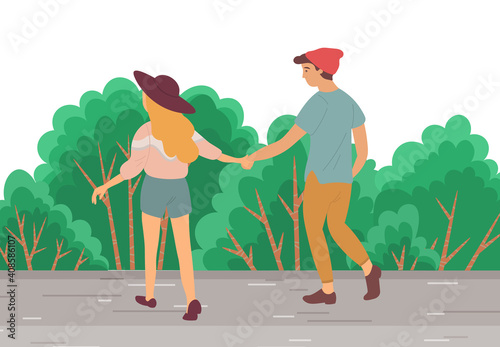 Couple walking down the street. Young guy and girl holding hands, stroll in summer day in city park, romantic walk. Nice walk on a date, active lifestyle. Cartoon illustration man and woman back view