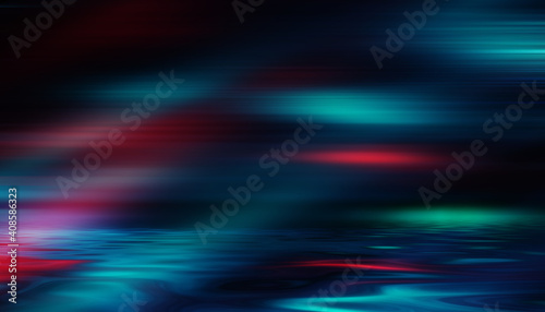 Dark abstract background. Neon multicolored light reflects on the water. Beach party, light show. Blurry lights glisten on the surface. 3d illustration