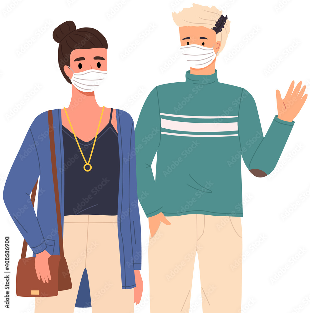 Obraz premium Man and woman are wearing medical masks. People stand together and pose, vector illustration. Couple on self-isolation during quarantine due to covid-19. Characters protect their face with masks