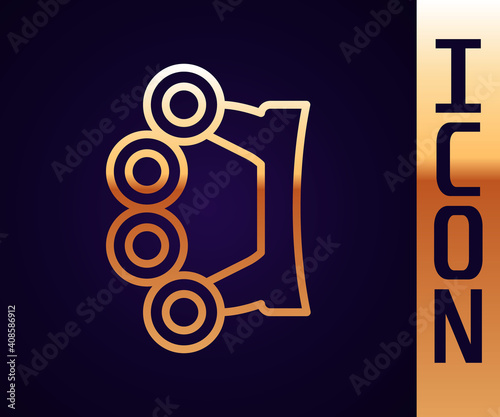 Gold line Brass knuckles icon isolated on black background. Vector.