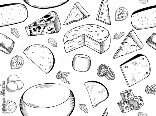 Cheese set pattern Hand-drawn vector illustration Seamless pattern with blue, creamy and hard cheese in sketch style