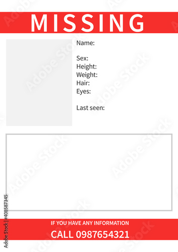 Missing Person Template design. Clipart image.