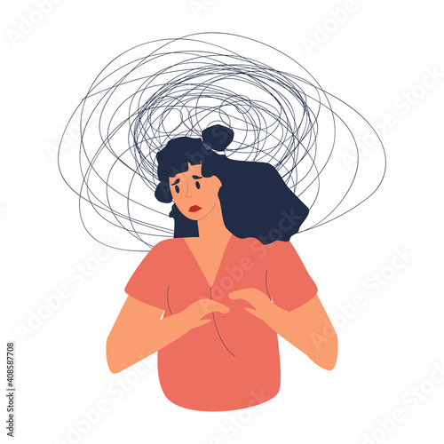 Sad Frustrated woman with nervous problem feel anxiety, headache, unresolved issues, psychological trauma, depression and confusion. Unhappy Girl in depression has mental disorder and chaos.