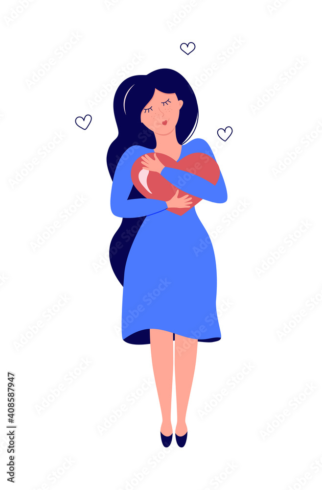 Girl Holding Heart Vector Illustration, cute cartoon woman hugging heart isolated on white background Girl Holding Heart Vector Illustration, cute cartoon woman hugging heart isolated on white background
