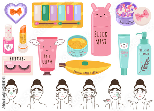 Makeup cosmetics tools and Korean cosmetics. Beauty products and the girl shows proper skin care. Sleek mist, lotion, eye patches, bag, lipstick, nail polish, powder, eyelashes, face and hand cream