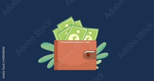 Wallet and money. Cash money concept icon, 4k on dark blue with flowers