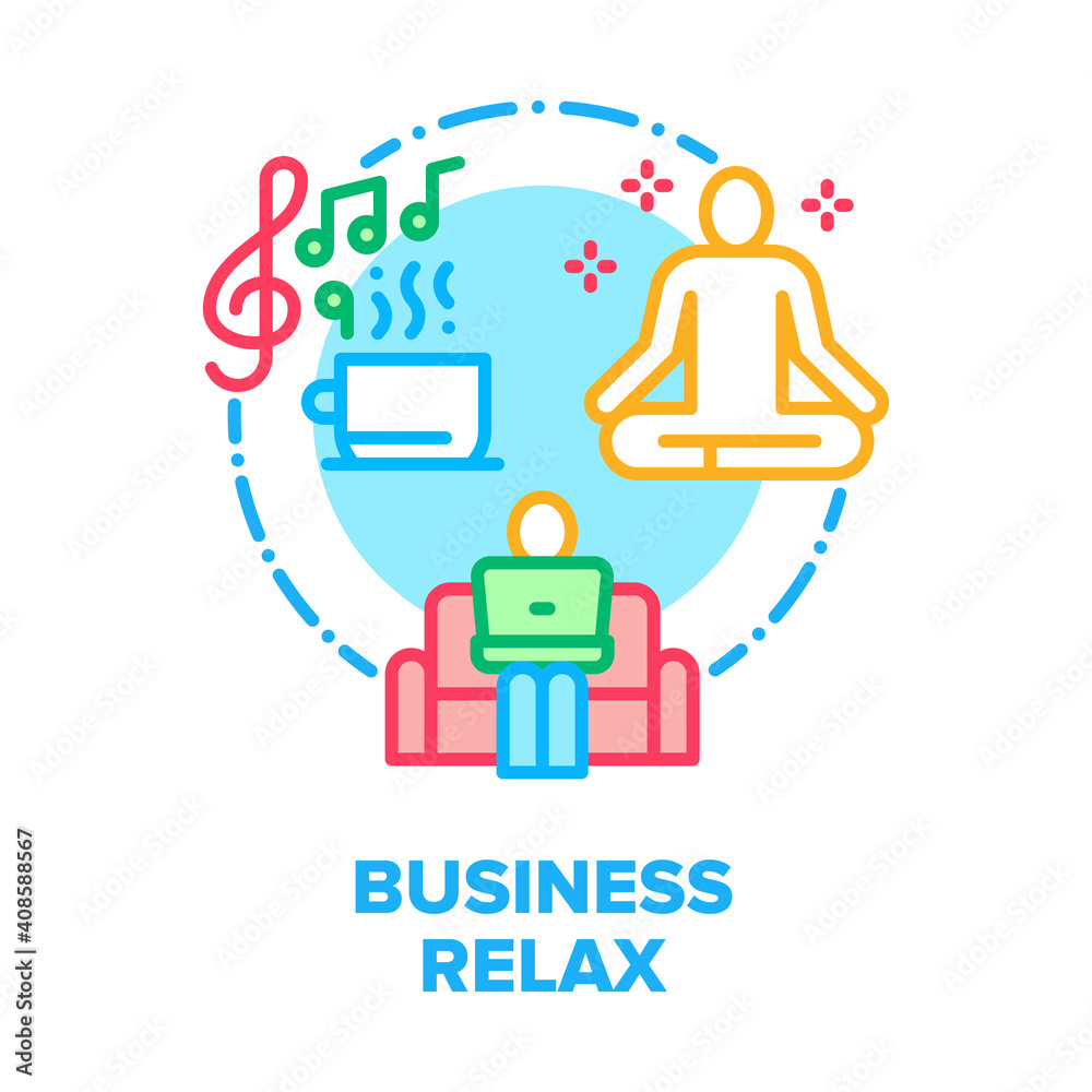 Business Relax Vector Icon Concept. Businessman Working On Comfortable Sofa With Laptop, Drink Beverage And Listening Music, Business Man Relaxing And Yoga Exercising Color Illustration Business Relax Vector Icon Concept. Businessman Working On Comfortable Sofa With Laptop, Drink Beverage And Listening Music, Business Man Relaxing And Yoga Exercising Color Illustration