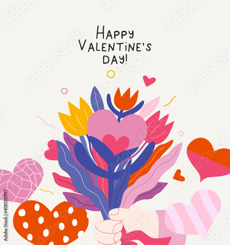Bouquet - Valentines day graphics. Modern flat vector concept illustration - a hand holding a bunch of softs with growing hearts. Cute characters in love concept