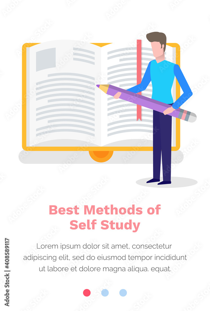 Studying material online, best methods of self study concept. Man with a pencil in his hands makes notes in a book. Website landing page template. Male character is busy with self-development