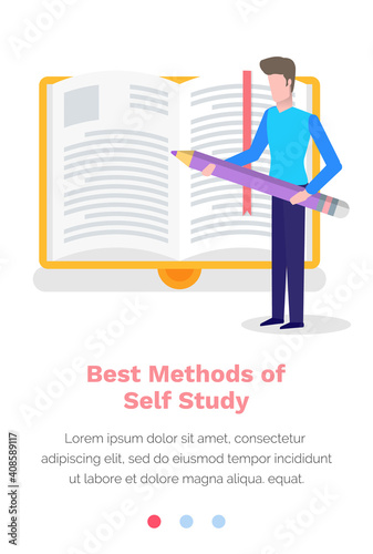 Studying material online, best methods of self study concept. Man with a pencil in his hands makes notes in a book. Website landing page template. Male character is busy with self-development