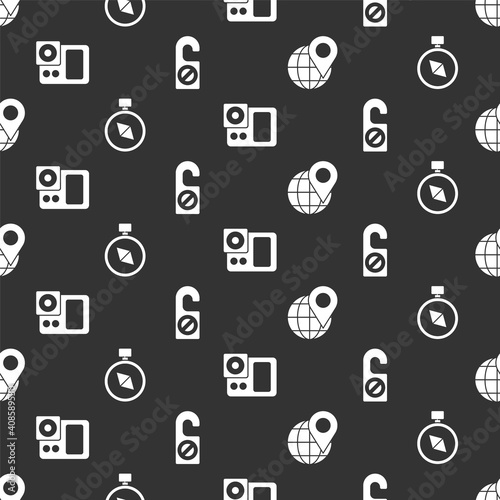 Set Location on the globe, Compass, Photo camera and Please do not disturb on seamless pattern. Vector.
