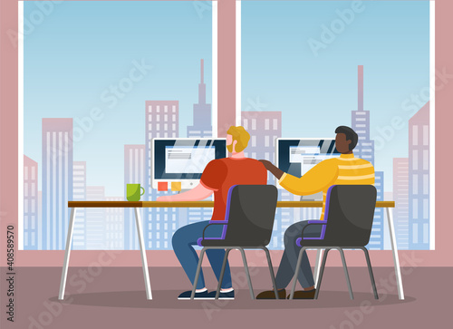 Black and white men working with computers sitting at table in stylish office with panoramic window. Developer, designer or co-worker. Partners working at one project. Teamwork of international people
