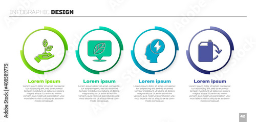 Set Plant in hand, Location with leaf, Head and electric symbol and Eco fuel canister. Business infographic template. Vector.