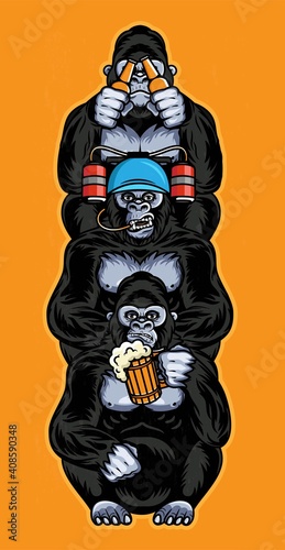 Totem With Three Wise Monkeys. Three Wise Gorillas Holding A Mug Of Beer  With Beer helmet and beer bottles.