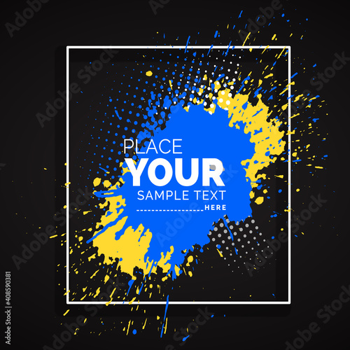 Vector illustration of abstract background with dynamic minimal watercolor splash for cover, poster, design template. black, blue, yellow, white. plaque poster templates