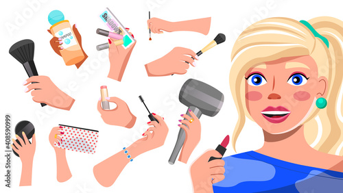 Beautiful woman holding lipstick. Set of colorful icons. Female hand holding brush, pocket mirror, cosmetic bag, brush from mascara, eyeshadow brush, hair dryer, shampoo, palette of shadows, lip gloss