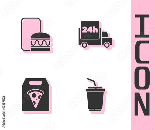 Set Paper glass with water, Online ordering and delivery, pizza and Fast by car icon. Vector.