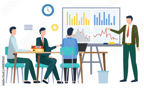 People in office listening to presentation of boss. Man showing whiteboard with charts and info statistics. Leader of company on seminar with employees proposing new ideas. Vector in flat style