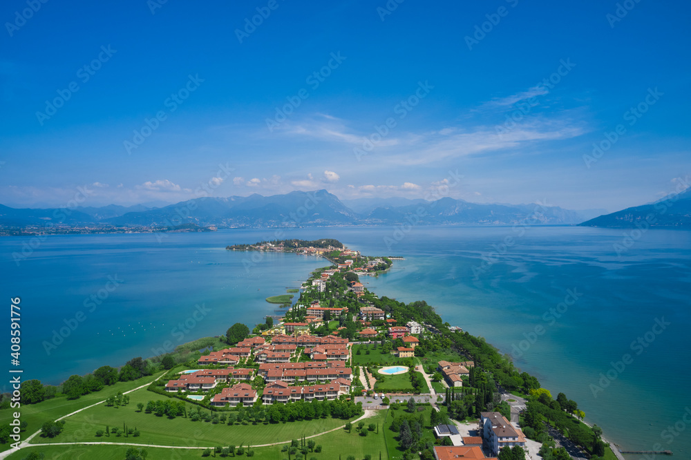 Aerial view of Sirmione, Colombare, Lake Garda, Italy. Perspective of the entire Sirmione peninsula. 