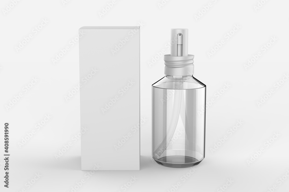 Instant antiseptic mist spray, antibacterial. bottle with box isolated on white background, studio shot. 3d illustration Instant antiseptic mist spray, antibacterial. bottle with box isolated on white background, studio shot. 3d illustration