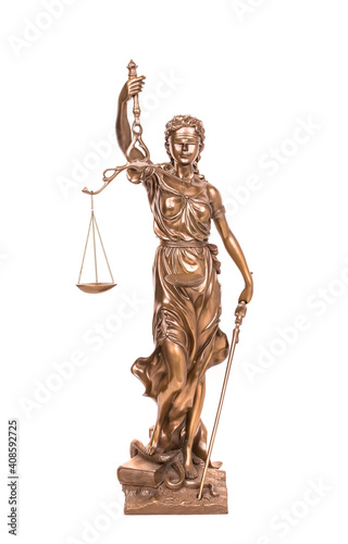 Statue of justice isolated on white, law concept