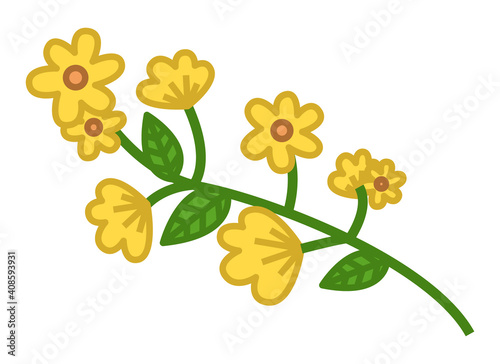 Yellow vector flowers illustration isolated on white background. Spring blossom element for card design needs. Green branch with small flowers and leaves. Flowering ornamental garden or wild plant