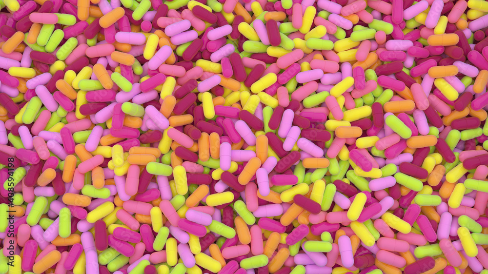 Digital background with heap of acid colored pills
