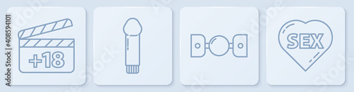Set line Movie clapper with 18 plus content, Silicone ball gag with belt, Dildo vibrator and Heart with text Sex. White square button. Vector.