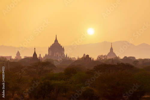 Landscape of temples silhouettes in Bagan at sunset  Burma  Myanmar