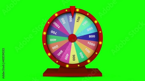 Realistic Colorful fortune or casino wheel spinning with bulbs blinking the light, 3d animation looping, isolated on black green and white screen set background.