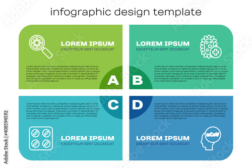 Set line Pills in blister pack, Virus under magnifying glass, Corona virus 2019-nCoV and Positive. Business infographic template. Vector.