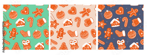 Various tasty gingerbread cookies. Set of three hand drawn colored Vector seamless Pattern. Holiday trendy illustration. Different shapes of sweets. Christmas winter mood. Cartoon style. Flat design