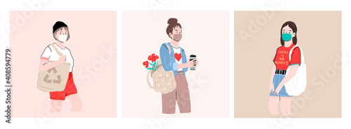 Set of Cute young girls with eco shopper bag wearing medical face mask. Concept to prevent epidemic Coronavirus flu virus. Hand drawn colored isolated Vector illustrations. Safe shopping concept. 