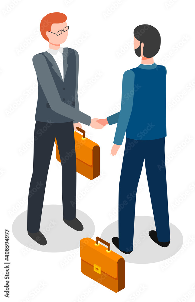 Red-haired man shakes hands bearded brunette. Business partners make deal, leather briefcases for documents. Resellers conclude bargain. Shopping. Business partners shaking hands. E-commerce Red-haired man shakes hands bearded brunette. Business partners make deal, leather briefcases for documents. Resellers conclude bargain. Shopping. Business partners shaking hands. E-commerce