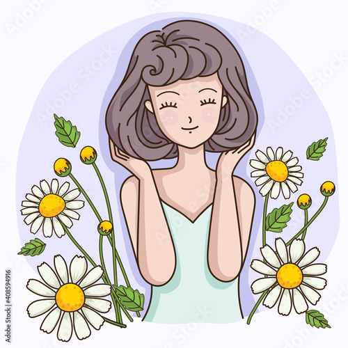 Short haired woman with the fragrance of chamomile flowers